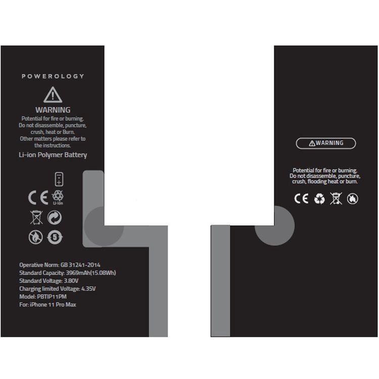 Powerology Li-ion Polymer Phone Battery 3969mAh, 15.08Wh for iPhone 11 Pro Max - Black