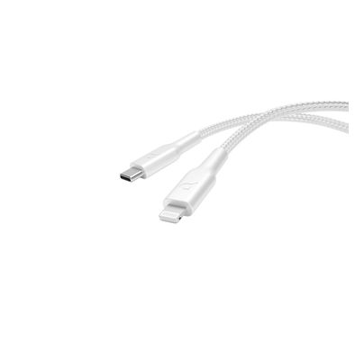 كابل شحن باورولوجي مضفر من USB-C إلى Lightning مع الشحن السريع ونقل البيانات، بقدرة توصيل طاقة 60 واط، وتوافق عالمي، بطول كابل 1.2 متر - أبيض