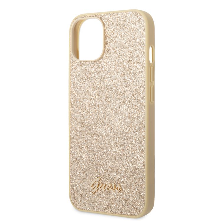 Guess PC/TPU Glitter Flakes Case with Script Metal Logo iPhone 14 Compatibility - Gold