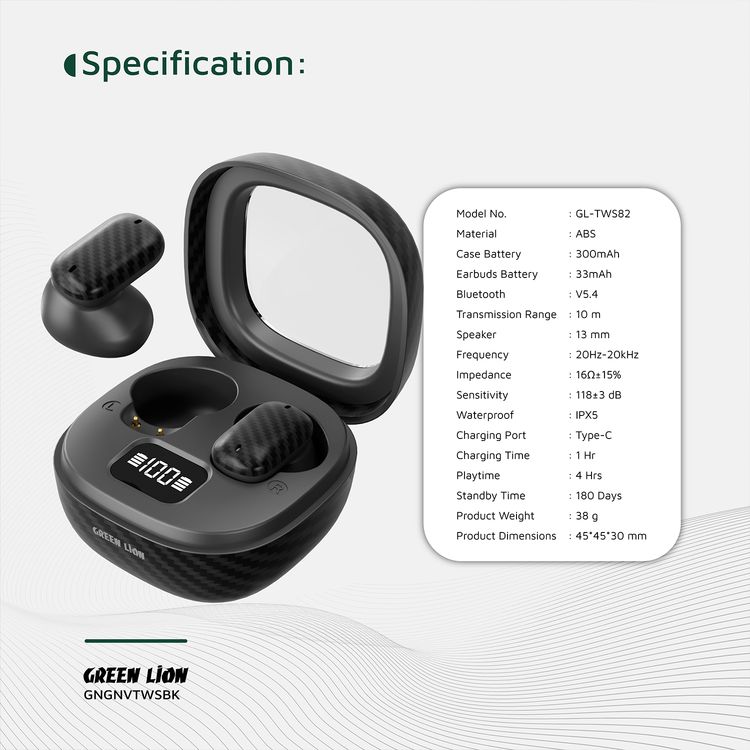Green Lion Geneva True Wireless Earbuds with Dual Microphones, Up to 4 Hours Play Time, Bluetooth Version 5.4, 10m Transmission Range, USB-C Charging Port, Voice Assistant, Digital Display & Touch Controls, Up to 180 Days Standby Time - Black