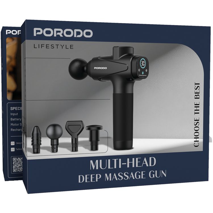 Porodo Multi-Head Relief Deep Massage Gun with Adjustable Massage Intensity, Type-C Fast Charging, Deep Tissue Relief, 30 Speed Levels, LCD Touch Display, 6 Interchangeable Heads, 1500mAh Battery Capacity, 3 Hours  Working Time  - Black
