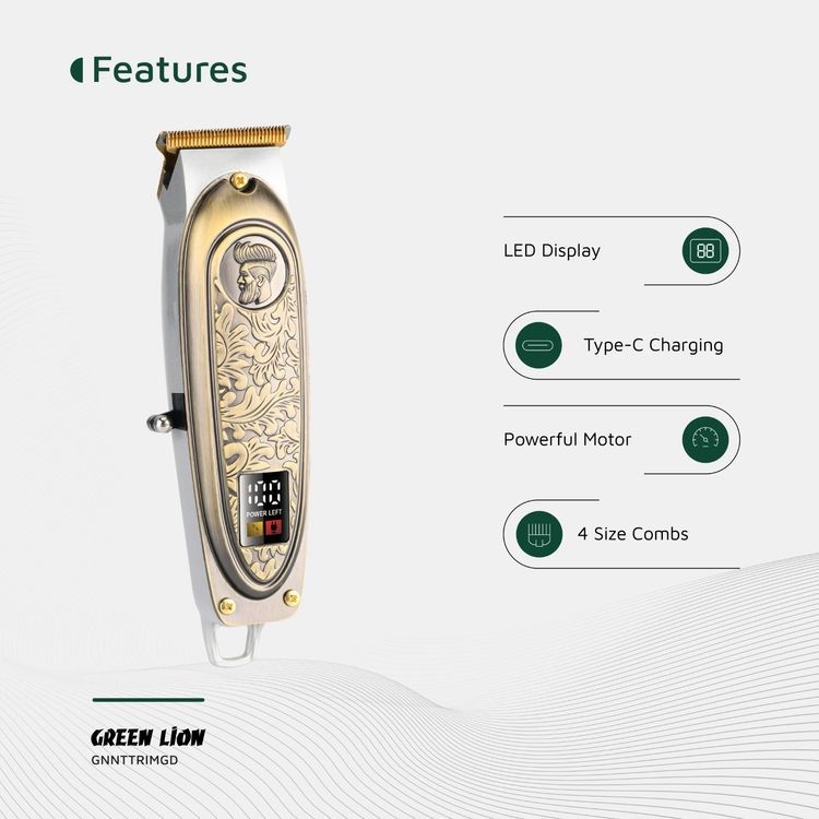 Green Lion Gentleman Hair Trimmer with 6500RPM Motor Speed, 1200mAh Battery Capacity, LED Display, 3 Hours Working Time, Blade Oil Reminder - Gold