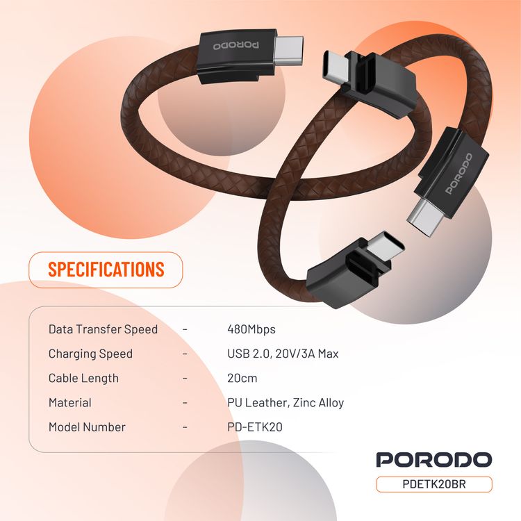Porodo USB-C to USB-C Wristband Cable with Magnetic Steel Clasp, 60W Power Delivery, 480Mbps Data Transfer Speed, Wearable Design, 20cm Cable Length, PU Leather & Zinc Alloy Material - Brown