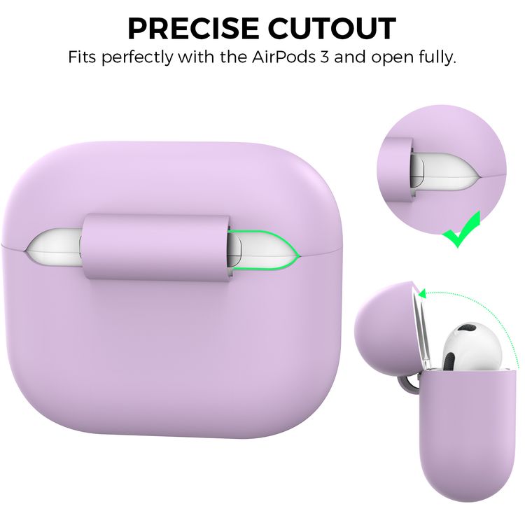 AhaStyle PT176-LR Full Cover Silicone Case for Airpods 3 Drop Shock Protection, Front LED Visible Cover with Carabiner Suitable with Wireless Chargers - Lavender
