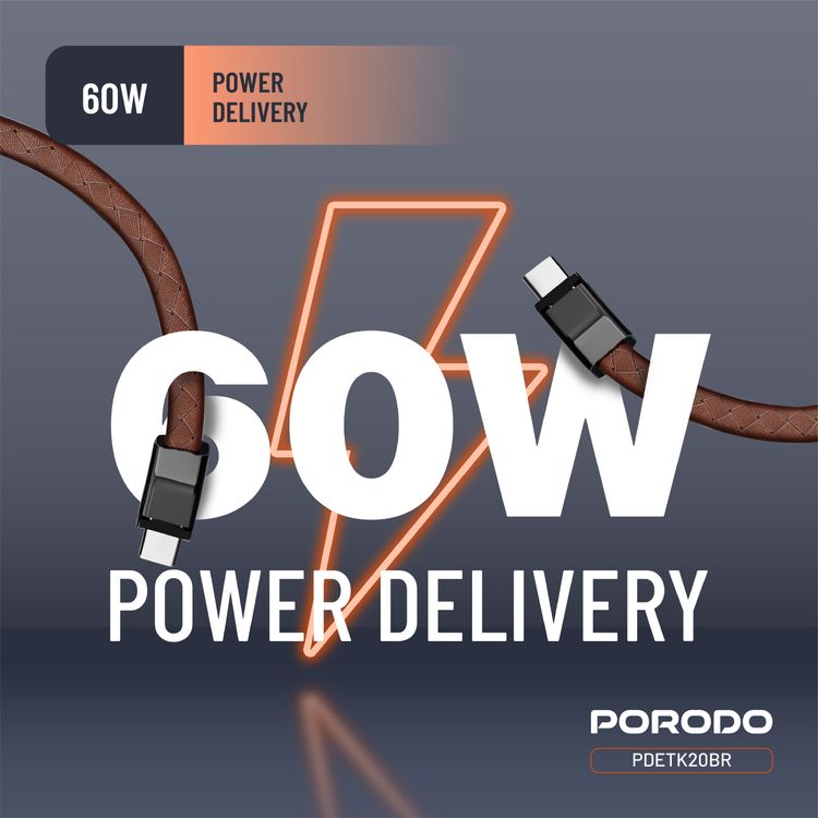 Porodo USB-C to USB-C Wristband Cable with Magnetic Steel Clasp, 60W Power Delivery, 480Mbps Data Transfer Speed, Wearable Design, 20cm Cable Length, PU Leather & Zinc Alloy Material - Brown