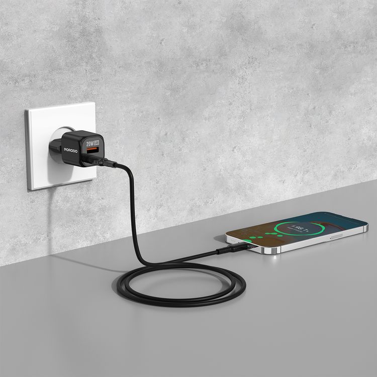 Porodo Dual-Port Wall Charger with Type-C to Type-C Cable Included, 20W Power Delivery, EU Plug, QC 18W, Simultaneous Charging, Overheat Protection, USB-C & USB-A Outputs - Black