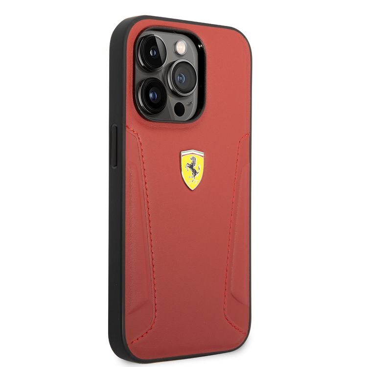 Ferrari Leather Case With Hot Stamped Sides & Yellow Shield Logo - iPhone 14 Pro - Red
