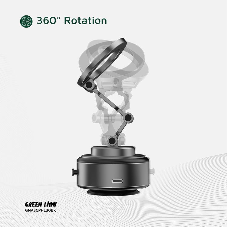 Green Lion GX-30 Auto Suction Phone Holder with 360° Rotation, Strong Suction Cup, 1.5kg Adsorption, One-Hand Operation, MagSafe Compatible, Type-C Charging, 14 Days Working Time - Matte Black