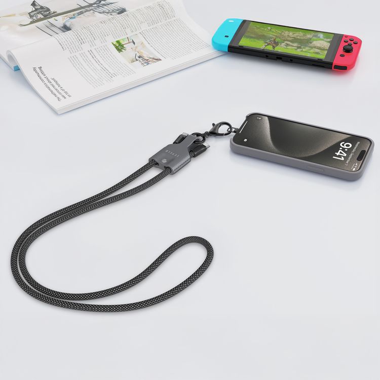 Levelo Tugo Type-C to Type-C 60W Lanyard Cable with TPE + Leather Material, 1m Cable Length, Data Transfer - Black/Gray