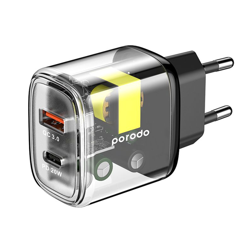 Porodo شاحن شفاف سريع ثنائي المخرج USB-C PD و USB-A QC EU - شفاف