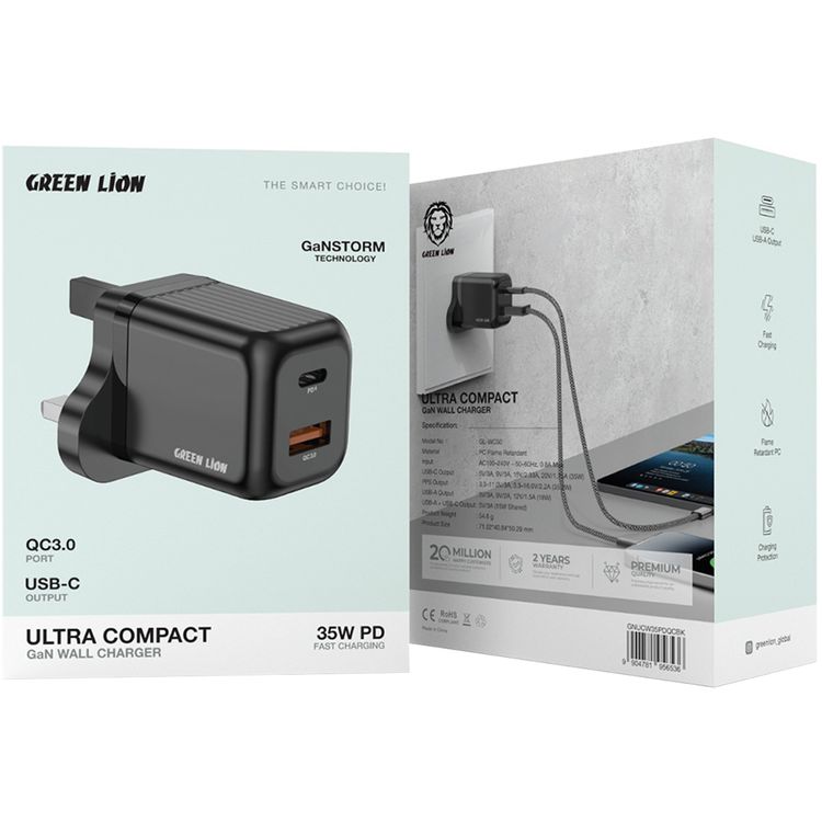 Green Lion Ultra Compact Gan Wall  Charger with PD 35W, USB-A & USB-C Ports, 3-Pin UK Power Plug, PC Flame Retardant Material, Charging Protection, GaNStorm Technology - Black