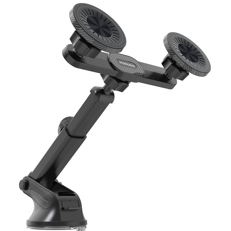 Porodo DAX-L Dual MagSafe Car Phone Mount with 360° Adjustable Telescopic Arm, Dual Phone Holder, Strong Suction Base, Lock and Unlock Function, ABS Material, Adjustable Height, Multi-Surface Mounting, 15× Strong N52 Magnets - Black