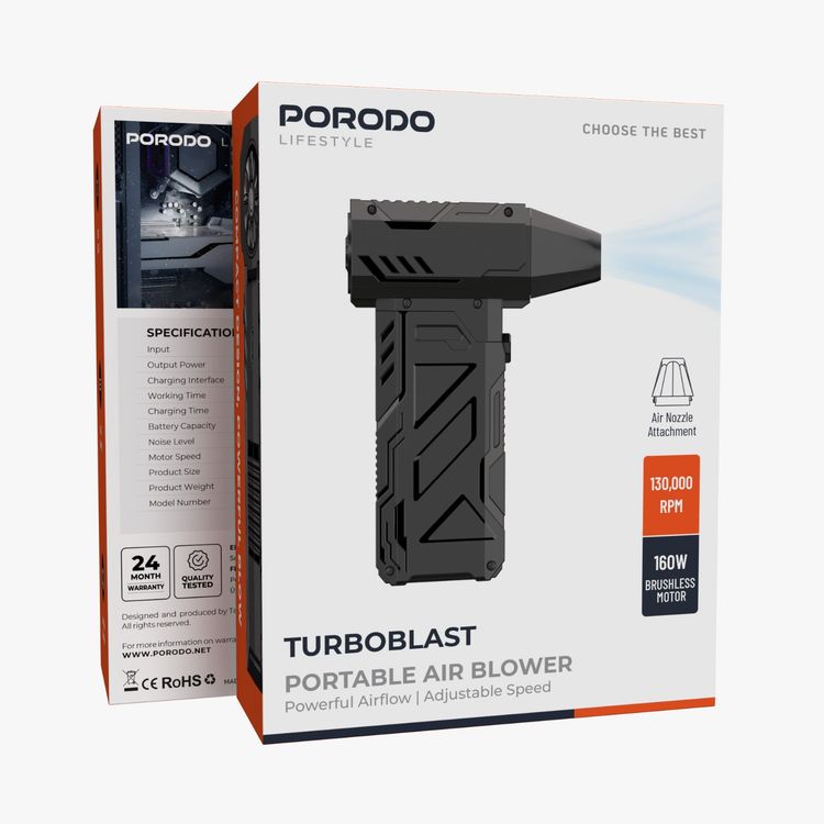 Porodo Lifestyle Turboblast Portable Air Blower with Air Nozzle Attachment, Up to 32 Minutes Working Time, 3 Adjustable Speed Levels, 160W Output Power, Low-Noise Operation, 130000RPM Motor Speed, USB-C Charging Port - Black