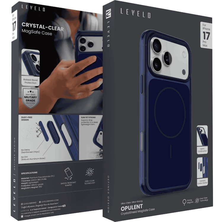 Levelo Opulent Full PC iPhone 17 Pro Max Case with Strong N52 Magnets, MagSafe Compatible, Camera Control Button, Ever-Clear Technology, 2.0mm PC Frame, Raised Bezel Protection, Military-Grade Protection, Shock-Resistant Bumper, Anti-Scratch Cover - Cobalt Blue
