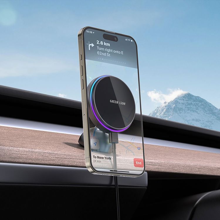 Green Lion Magprime Car Charger Holder with MagSafe Compatibility, ABS + PC, Aluminum Alloy & Tempered Glass Materials, RGB Light, Flexible Design, Secure & Stable - Black