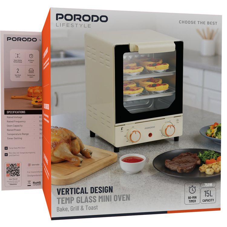 Porodo Lifestyle Temp Glass Mini Oven with Bake & Grill & Toast Functions, 15L Oven Capacity, Multiple Rack Layers, 0-60 Minutes Timer Setting, 70°C-250°C Temperature Range - White