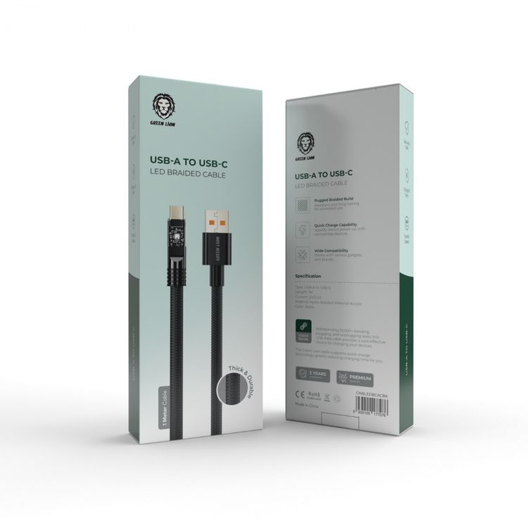 Green Lion USB-A To USB-C LED Braided Cable 1 Meter - Black - 1M
