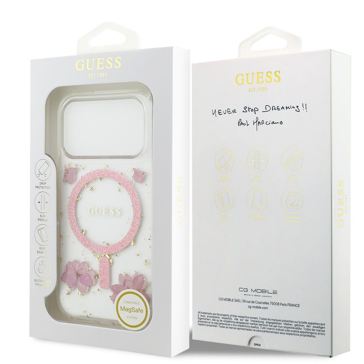 غطاء MagSafe من الراتنج بنقشة الزهور واللمعان لجهاز iPhone 17 Pro Max، ذو تصميم رفيع، حماية من السقوط، تثبيت سهل، تغليف مستدام، مسكة مريحة، تصميم خفيف الوزن - وردي