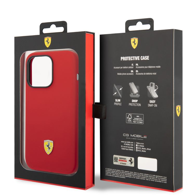 CG Ferrari Magsafe Compatibility Liquid Silicone Case with Metal Yellow Logo Shield iPhone 14 Pro Compatibility - Red