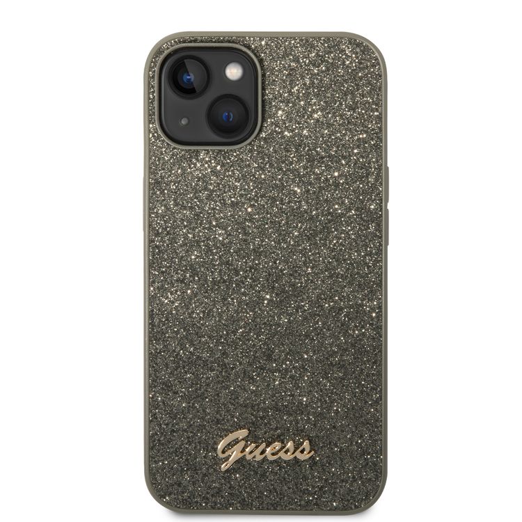 Guess PC/TPU Glitter Flakes Case with Script Metal Logo iPhone 14 Plus Compatibility - Green