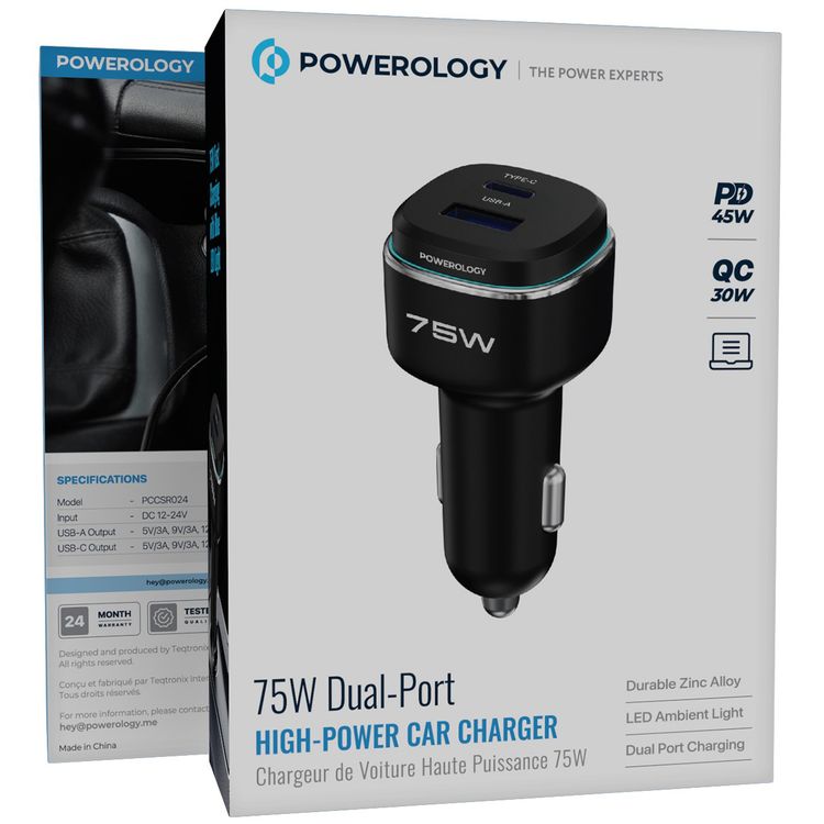 Powerology 75W Dual-Port High-Power Car Charger, USB-C & USB-A Ports, 75W Total Output, 45W Power Delivery, LED Ambient Light, Fast Charge, Zinc Alloy - Black / Blue