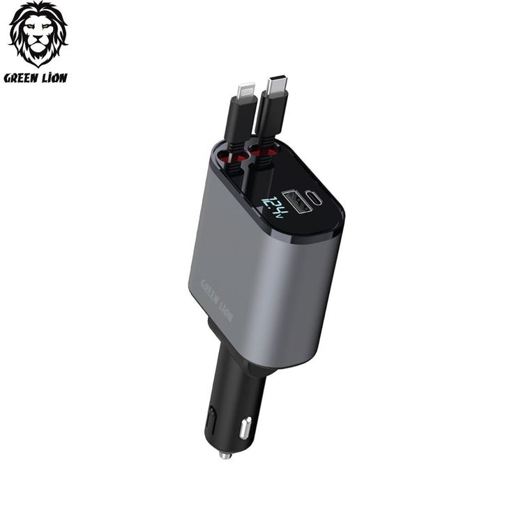 Green Lion Car Charger With Integrated Retractable Cables
