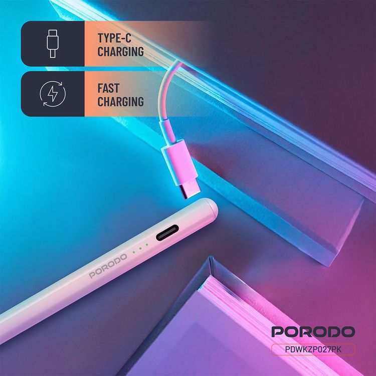 قلم Porodo مغناطيسي لأجهزة iPad، مقاس ريشة 1.2 مم، وقت عمل مستمر يصل إلى 9 ساعات، مصنوع من سبيكة الألومنيوم، منفذ شحن USB-C، بطارية 130 مللي أمبير في الساعة، متوافق مع موديلات iPad من 2018 إلى 2024، بدون تأخير، شحن سريع - وردي