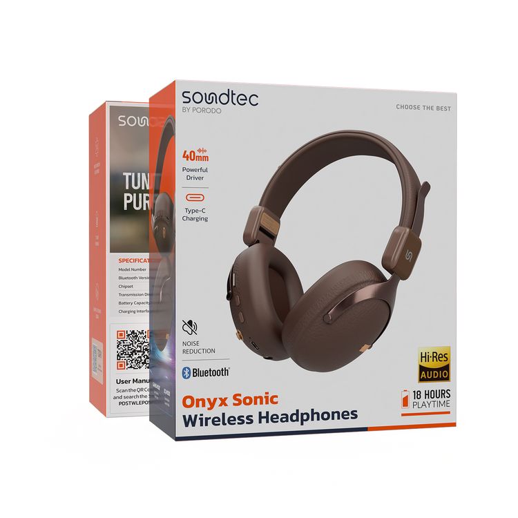 Porodo Soundtec Onyx Sonic Wireless Headphones with Noise Reduction, Bluetooth Version 5.4, Type-C Charging Port, 2 Hours Charging Time, 18 Hours Play Time, 10m Transmission Distance, Game Mode, EQ Mode, TF Card Play Back, Compact & Foldable Design, Multiple Function Key Control - Brown