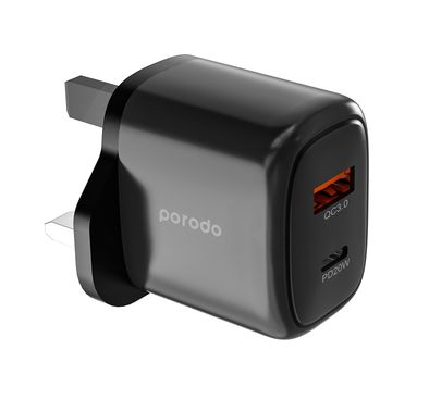 Porodo 20W+QC USB A+C Charger UK with 20W Total Output Power, Reliable Companion, Universal Compatibility - Black