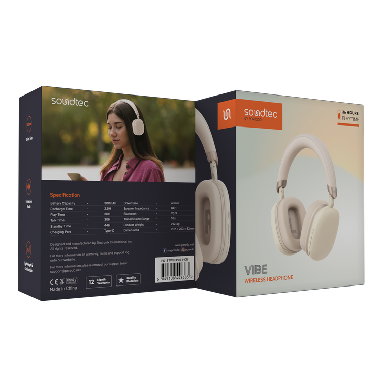 Porodo Soundtec Vibe Wireless Headphones with 36 Hours Play Time, Bluetooth Version 5.3, 2.5 Hours Charging Time, Type-C Charging Port - Cream