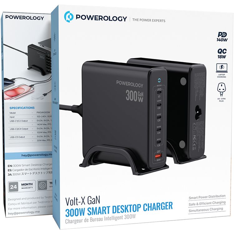 Powerology Volt-X Smart Desktop GaN Charger with PD 140 W, QC 18W, Laptop Charger, UK 3-Pin Plug, 300W Total Output, ×1 USB-A & ×5 USB-C Ports, Multiple Device Charging, Safe & Efficient Charging - Black