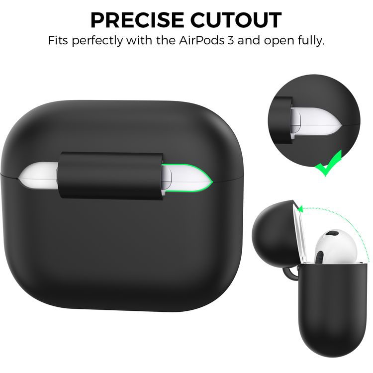 AhaStyle PT176-BK Full Cover Silicone Case for Airpods 3 Drop Shock Protection, Front LED Visible Cover with Carabiner Suitable with Wireless Chargers - Black