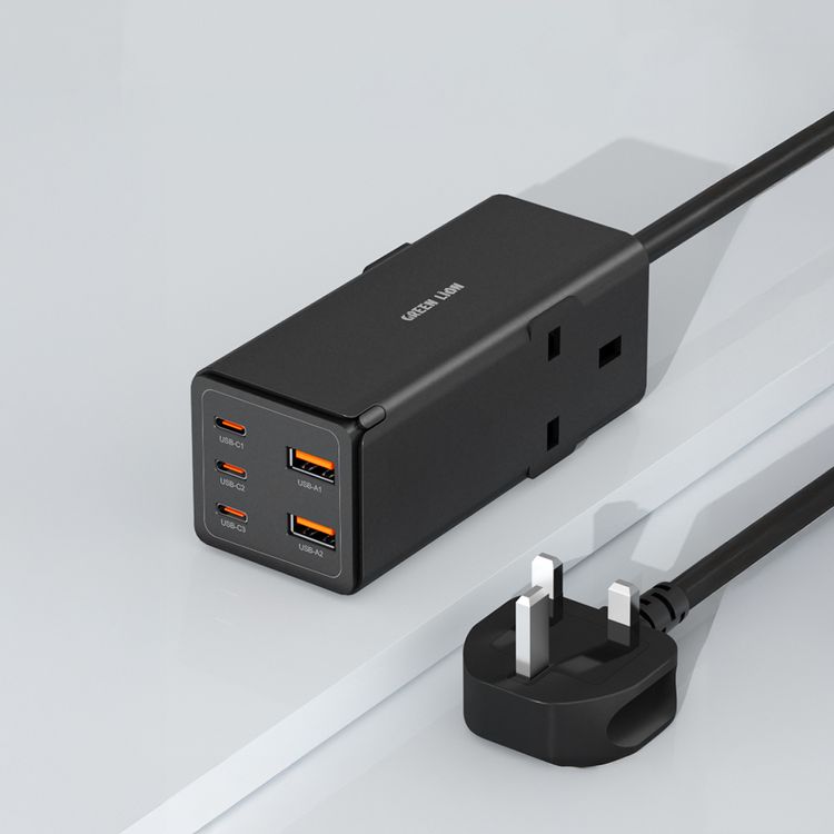 شريط الطاقة من جرين ليون 7 في 1 بقوة 65 واط من نوع GaN مع طاقة 3250 واط، مصنوع من مادة مقاومة للاشتعال من نوع PC، مع خاصية PD بقوة 65 واط، مغالق أمان، 3 منافذ نوع-C و 2 منافذ USB-A، 2 مآخذ كهرباء AC، متوافق على نطاق واسع - باللون الأسود.