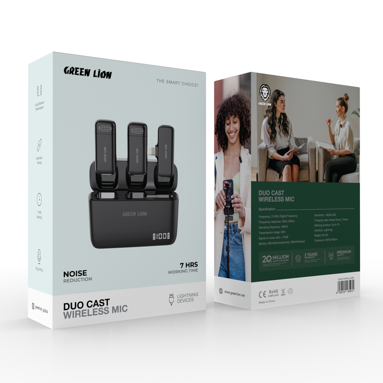 Green Lion Duo Cast Wireless Lightening Microphone with 20m Transmission Range, Automatic Pairing, USB-C Interface, Up to 7 Hours Working Duration - Black