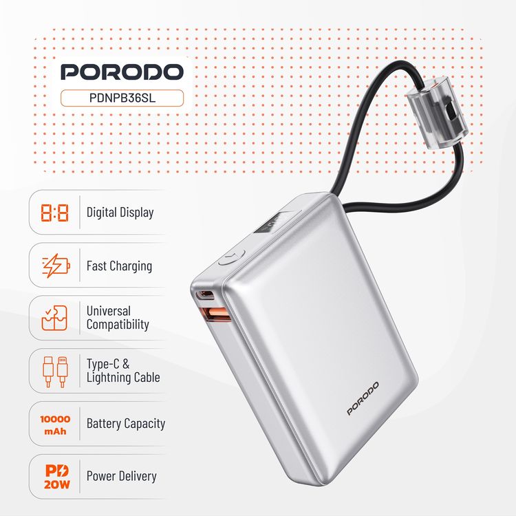 Porodo Petite 10000mAh Power Bank with Integrated Type-C & Lightning Cable, PD 20W, USB-A & USB-C Ports, Fast Charge Support, Digital Display, Universal Compatibility - Silver