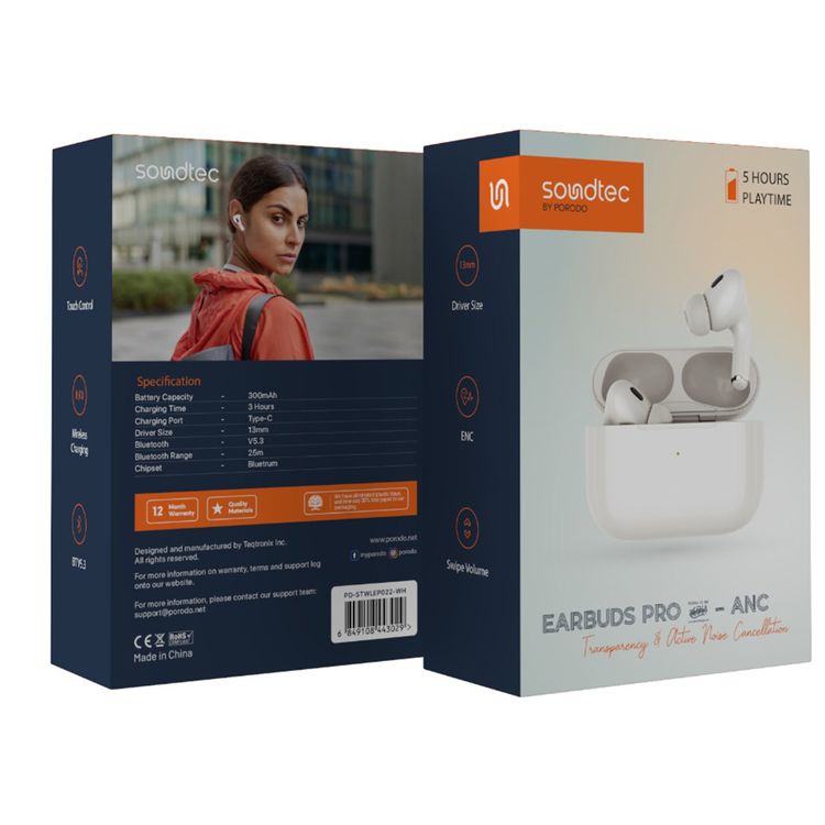 سماعات Porodo Soundtec Earbuds Pro 2 مع تقنية ANC الشفافة وإلغاء الضوضاء النشط