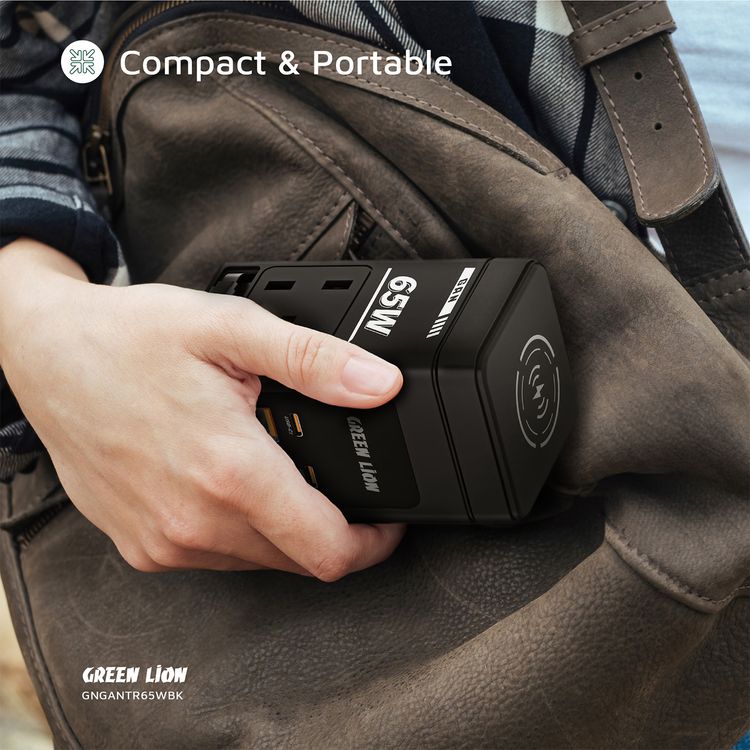 Green Lion GaN 65W Multi-Port Travel Adapter with 8-in-1 Station, ABS & PC Material, 2× AC Sockets, 2× USB-C & 2× USB-A Ports, 80cm Retractable Cable, 2500W Max Power, MagSafe Compatible, GaN Technology, Wide Compatibility, Safety Shutters - Black