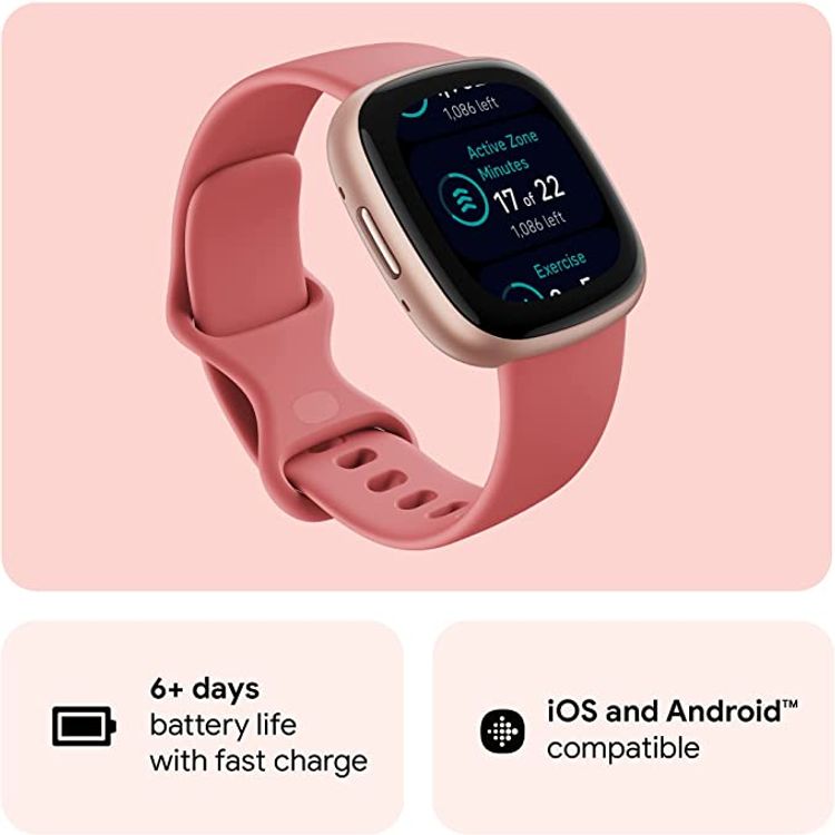 Fitbit Versa 4 Fitness Aluminum Wristband with Heart Rate Tracker - Pink Sand/Copper Rose Aluminum