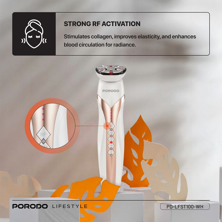 Porodo Lifestyle Vibration Light Therapy Device with EMS Micro-Stimulation, Strong RF Activation, 1450mAh Battery Capacity, 8.5W Power - White