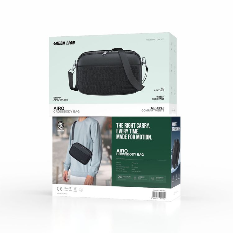 Green Lion Airo Crossbody Bag with 3 Main Pockets & 6 Card Pockets, 3L Capacity, PU Leather Material, Durable Zipper, Water Resistant, Delicate Texture, Travel-Friendly, Wide Opening, Adjustable Strap - Black