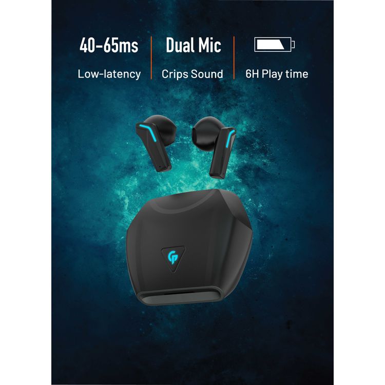 Porodo Gaming True Wireless Earbuds with Touch Controls, Dual Microphone Crisp Sound, IPX5 Water Resistant, 300 mAh Charging Case Battery, 30 mAh Earbuds Battery - Black