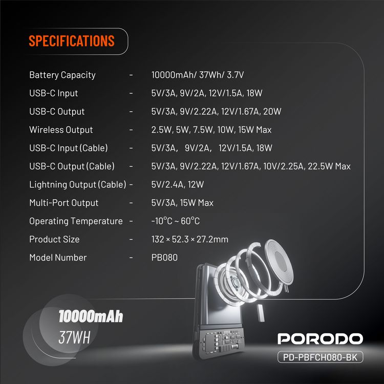 بورودو بنك طاقة لاسلكي مغناطيسي بسعة 10000 مللي أمبير مع حامل كابل مدمج USB-C + Lightning، شحن متزامن، عرض رقمي، PD 22.5W - أسود