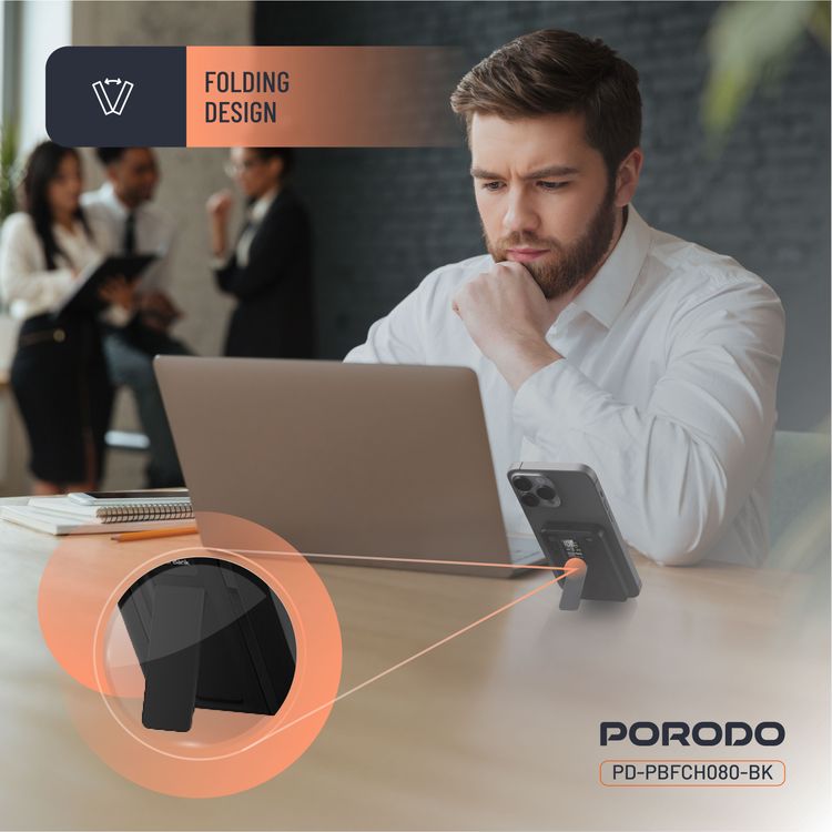 بورودو بنك طاقة لاسلكي مغناطيسي بسعة 10000 مللي أمبير مع حامل كابل مدمج USB-C + Lightning، شحن متزامن، عرض رقمي، PD 22.5W - أسود