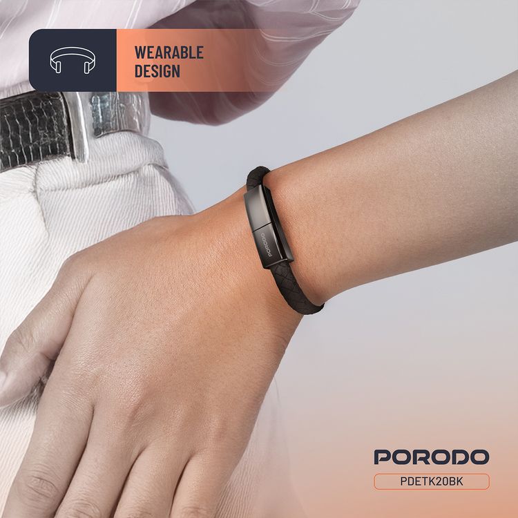 Porodo USB-C to USB-C Wristband Cable with Magnetic Steel Clasp, 60W Power Delivery, 480Mbps Data Transfer Speed, Wearable Design, 20cm Cable Length, PU Leather & Zinc Alloy Material - Black