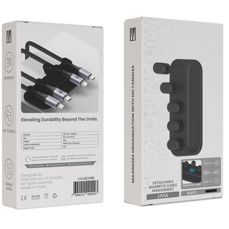 Levelo Livia Detachable Magnetic Cable Management with 5 Magnetic Heads, Lightweight & Compact Design, Tangle-Free, Strong Hold with N52 Magnet, Easy to Install - Black