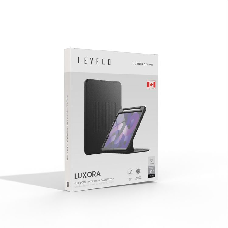 Levelo Luxora Case for iPad 11" (2018 - 2022), Adjustable Multi-Angle Viewing, Premium PU Leather Finish, Shockproof, Anti-Fingerprint, Built-in Pen Holder & Built-in 2 Card Slots, Magnetic Flap Closure - Black