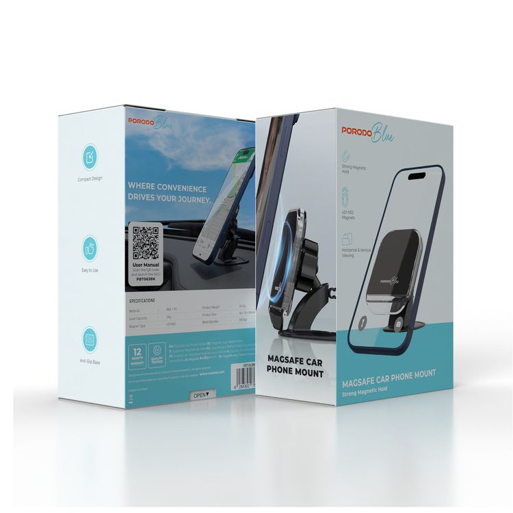 Porodo Blue Car Phone Holder with MagSafe Compatibility, 20 Pieces N52 Strong Magnets for Secure Grip, Horizontal and Vertical Viewing, Easy to Use, Anti-Slip Base, Compact Design, ABS and PC Material - Black