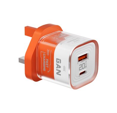 شاحن حائط بورودو كريستال شيل بقوة 20 واط بتقنية Power Delivery، للشحن المتزامن، وحماية من ارتفاع درجة الحرارة، ومخرج USB-A بقوة 18 واط - برتقالي