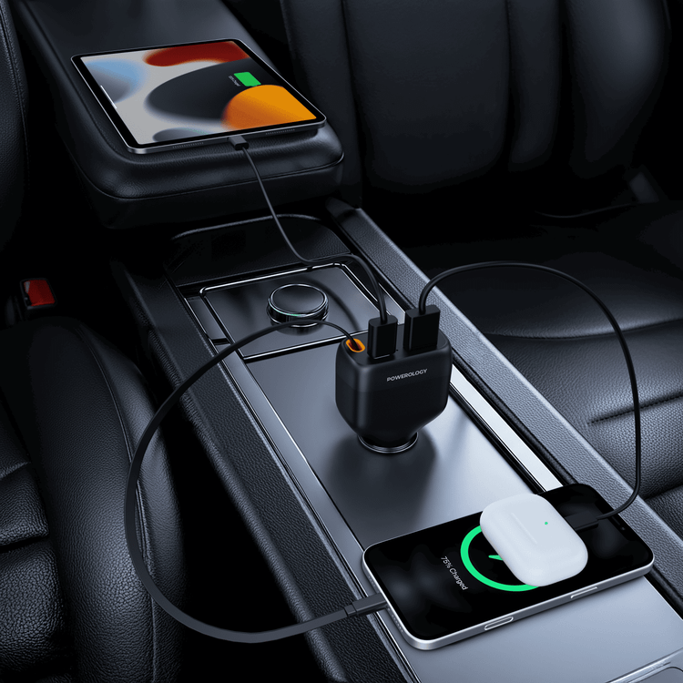 Powerology Cyber 81W USB-C Retractable Car  Charger with 45W Retractable USB-C Cable, PD 30W, QC 18W,  USB-A & USB-C Ports, 81W Total Output - Black 