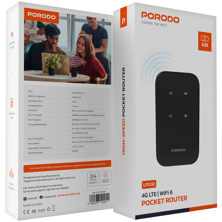 Porodo 4G Wireless Pocket Router with Secure Encryption, 10 Connected Devices, 3000mAh Battery Capacity, 8.5 Hours Working Time, Type-C Charging Port, WiFi 6 Standard, Lightweight and Portable - Black